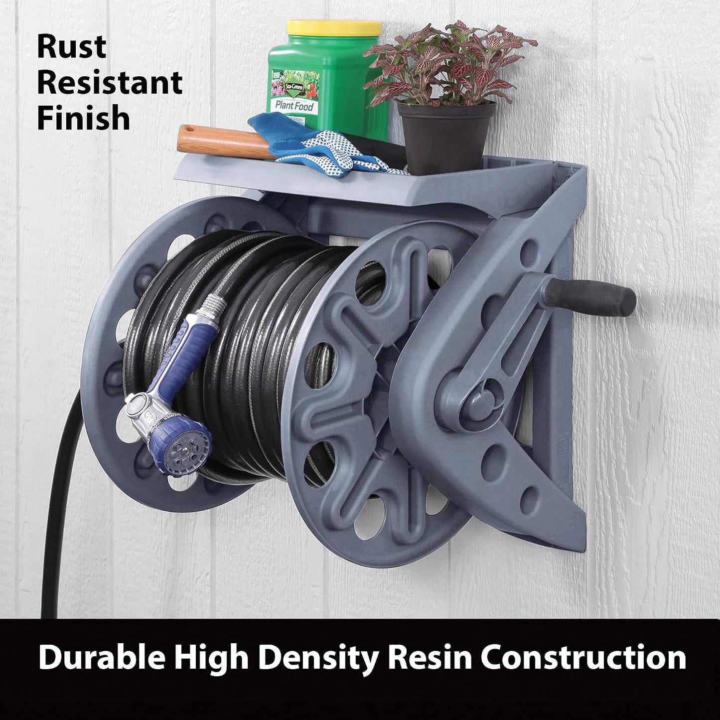 Basics 512 Wall Mounted Hose Reel with Shelf Gray