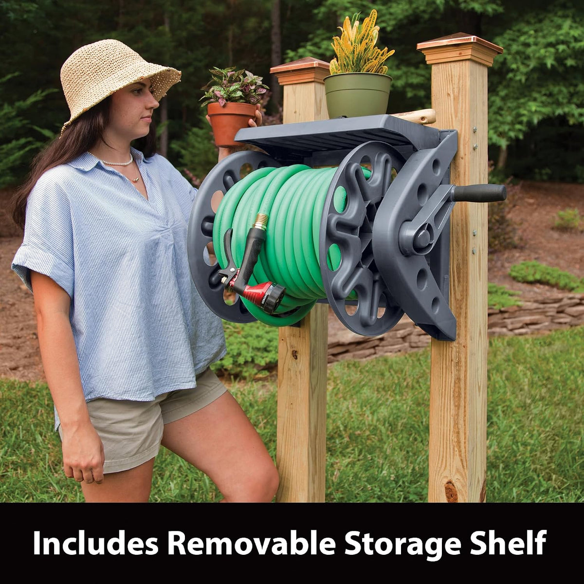 Basics 512 Wall Mounted Hose Reel with Shelf Gray