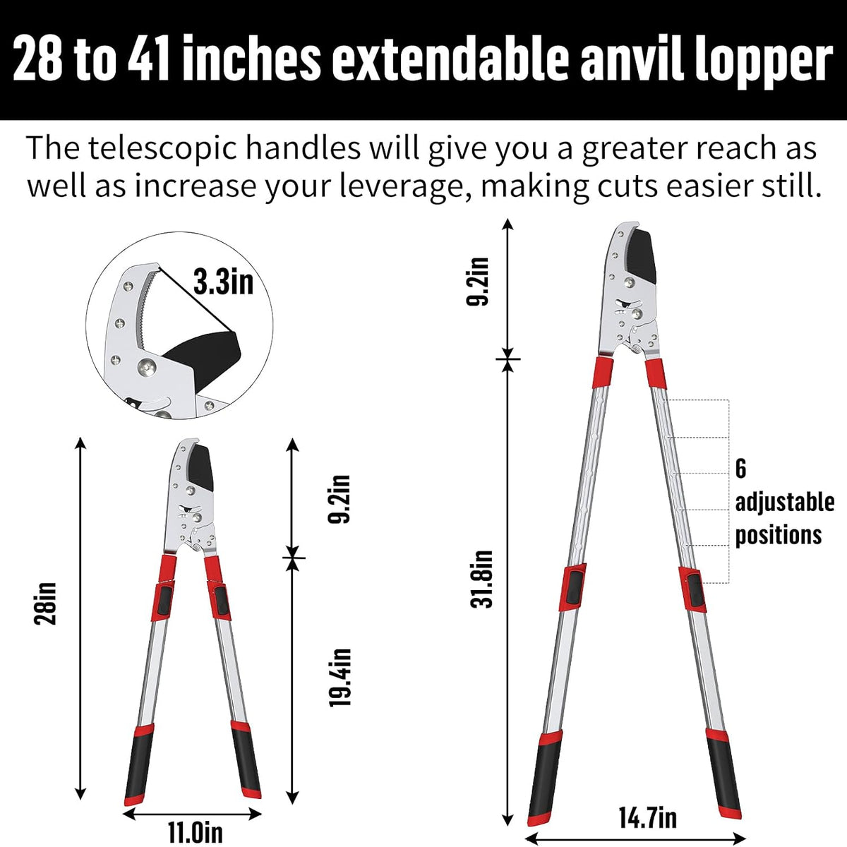 Heavy-Duty Extendable Loppers, 28"-41" Telescopic Tree Trimmer, Double Ratcheting Branch Cutter, Anvil Lopper for Thick Branches, Cuts 2" Dry Wood