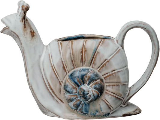 26-Ounce Snail Shaped Stoneware Watering Can, Multicolor