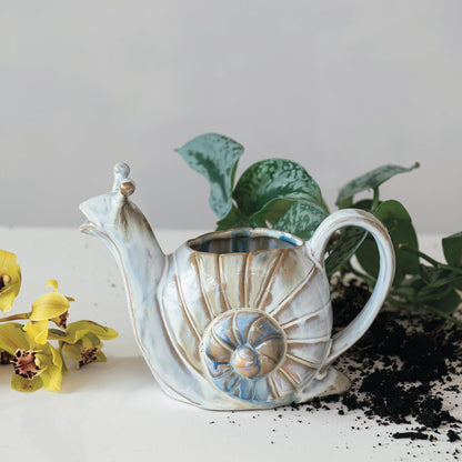 26-Ounce Snail Shaped Stoneware Watering Can, Multicolor