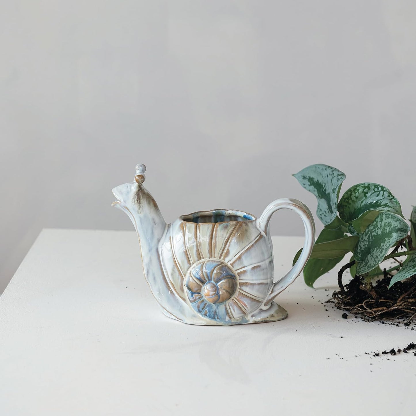 26-Ounce Snail Shaped Stoneware Watering Can, Multicolor