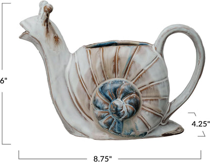 26-Ounce Snail Shaped Stoneware Watering Can, Multicolor