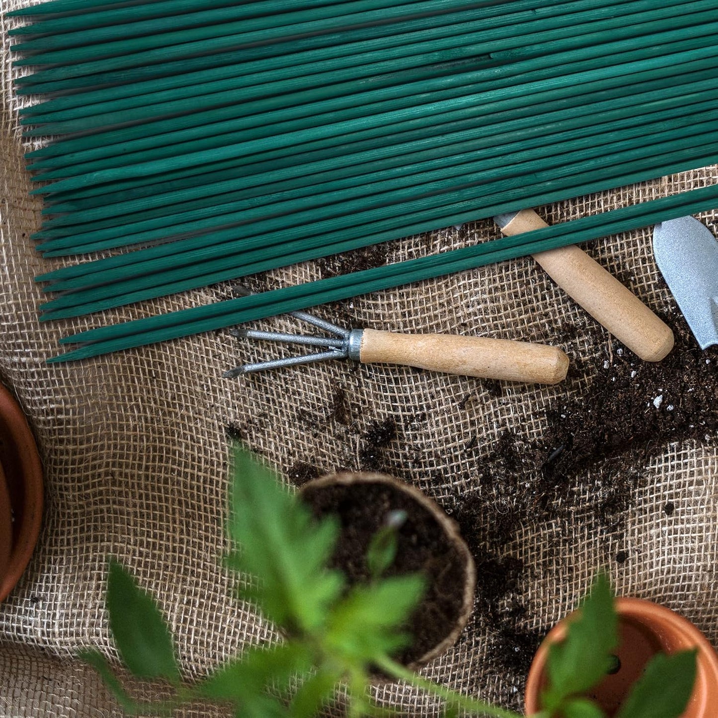 50 PCS 18” Wood Plant Stakes Garden Tomato Sticks Plant Stakes & Supports for Potted Plants, Comes with 100 pcs Green Twist tie