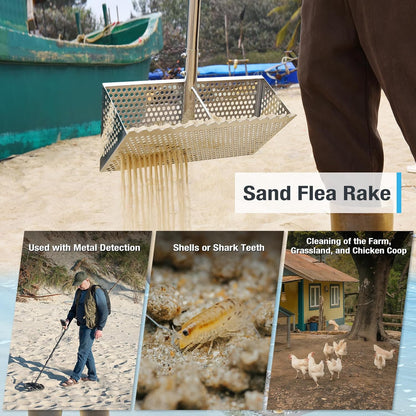 Sand Flea Rake, Long Handle Sand Sifter for The Beach, Stainless Steel Shark Tooth Sifter Comes with A 16-Inch Wide Mesh Screen for Collecting Fleas, Shark Teeth, and Seashells