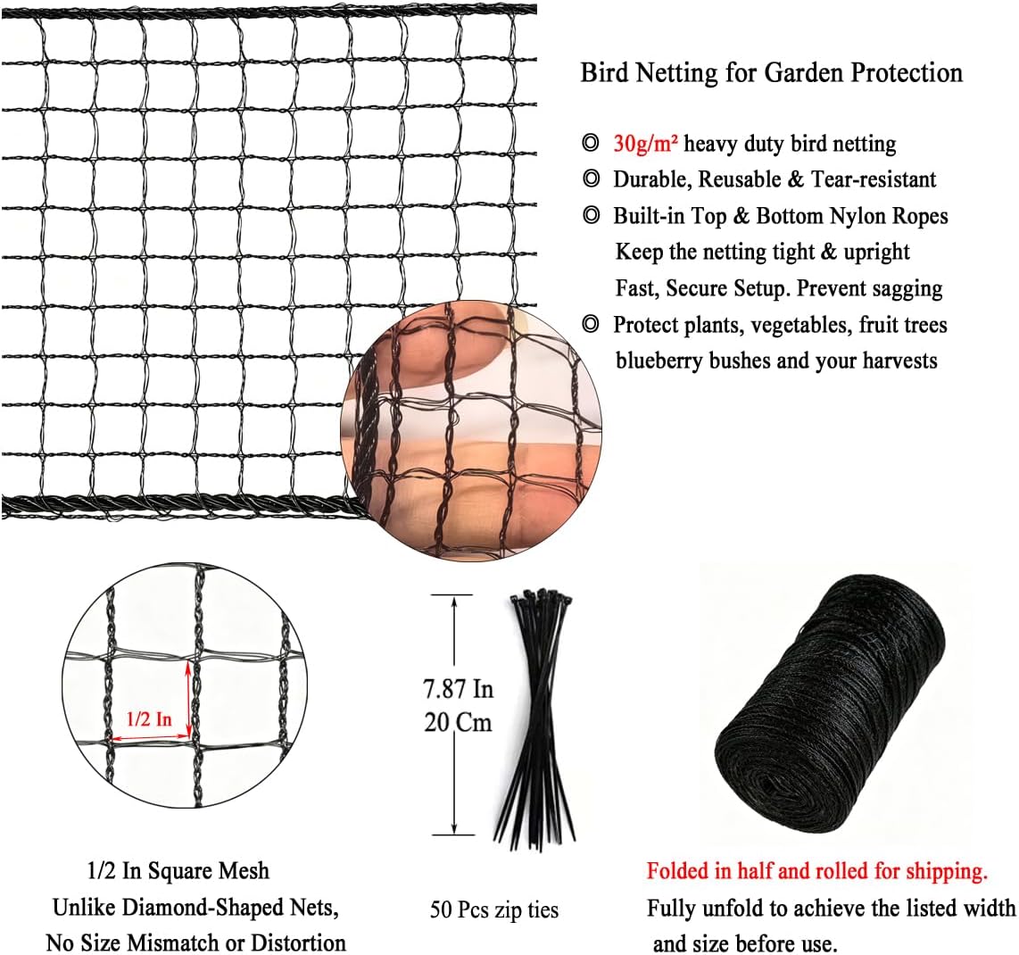 Garden Netting 10x10 FT, 1/2" Square Mesh Heavy Duty Bird Netting
