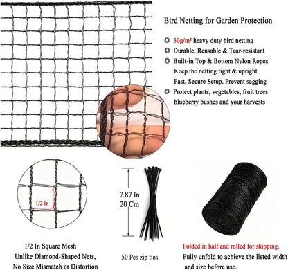 Garden Netting 10x10 FT, 1/2" Square Mesh Heavy Duty Bird Netting