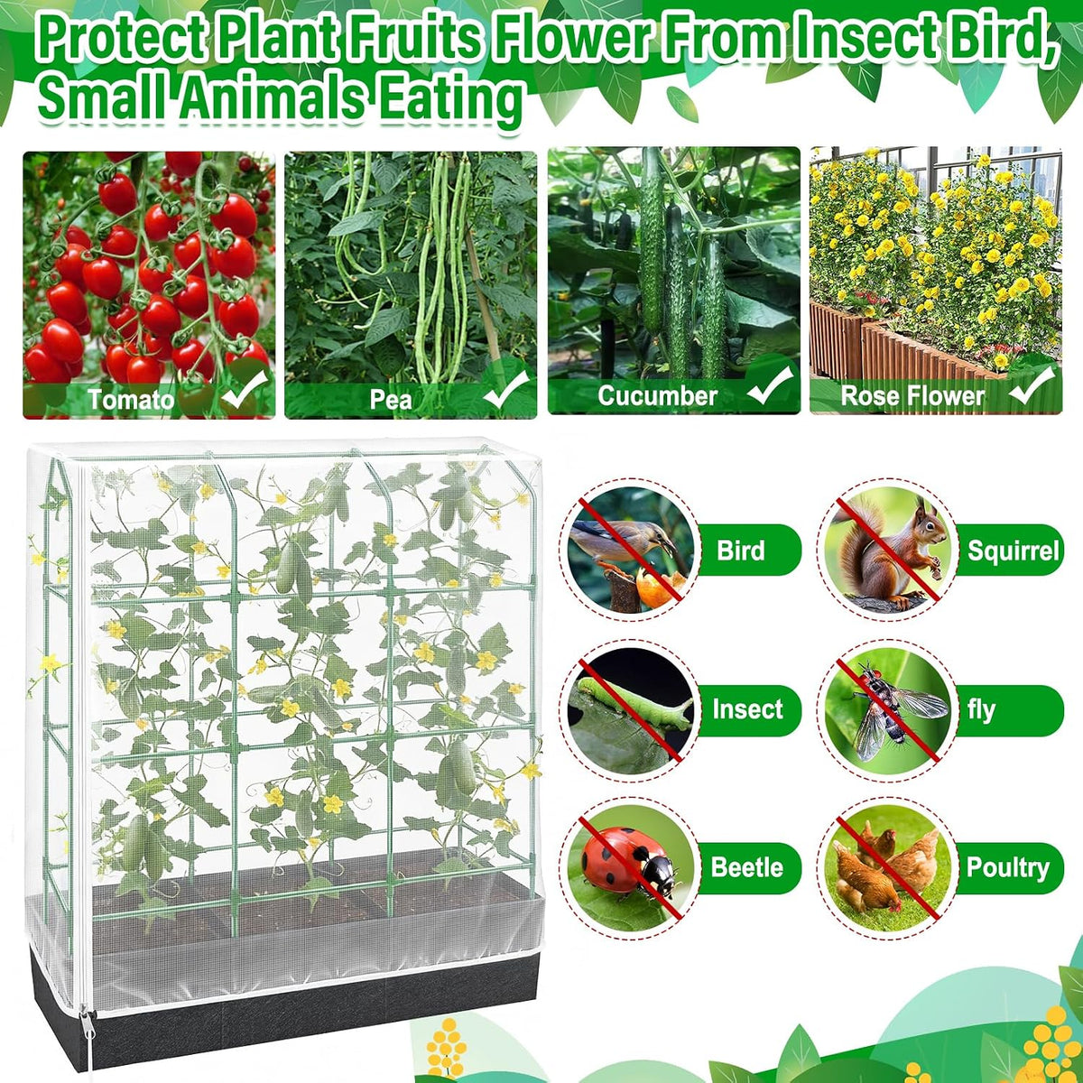 Garden Bird Netting Plant Cover for Cucumber Trellis, 52" x18''x66'' Insect Bird Barrier Garden Trellis Net with Zipper & Drawstring, Cucumber Trellis Netting Protection Cover for Protecting Plants