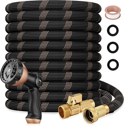 Garden Hose 100ft, 2026 Ultra Lightweight Water Hoses w/10 Function Spray Nozzle and 3/4" Brass Fittings- Durable, & Flexible Water Pipe for Yard, Lawn, Outdoor & Gardening(Black Rose gold)