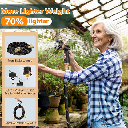 Garden Hose 100ft, 2026 Ultra Lightweight Water Hoses w/10 Function Spray Nozzle and 3/4" Brass Fittings- Durable, & Flexible Water Pipe for Yard, Lawn, Outdoor & Gardening(Black Rose gold)