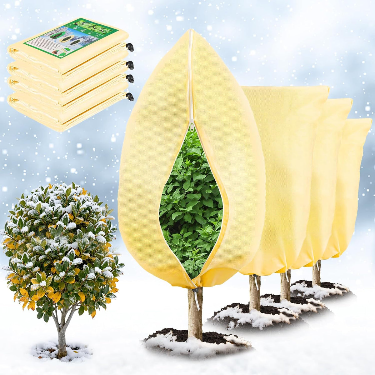 4 Pcs Plant Covers Freeze Protection, Reusable Winter Frost Cover for Outdoor Shrub & Fruit Tree Potted, 2.8oz/yd² Heavy-Duty Tree Jacket with Zipper & Drawstring, 32" x 47"
