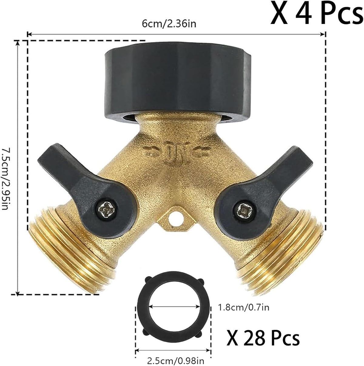 4 Pack Garden Hose Splitter 2 Way, 3/4" Thread, with 28 Rubber Washers