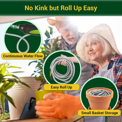 Garden Hose - Water Hose 75 FT with Swivel Handle & 8 Function Nozzle, Flexible, Heavy Duty, No Kink, Lightweight Metal Hose for Outdoor, Yard, 304 Stainless Steel