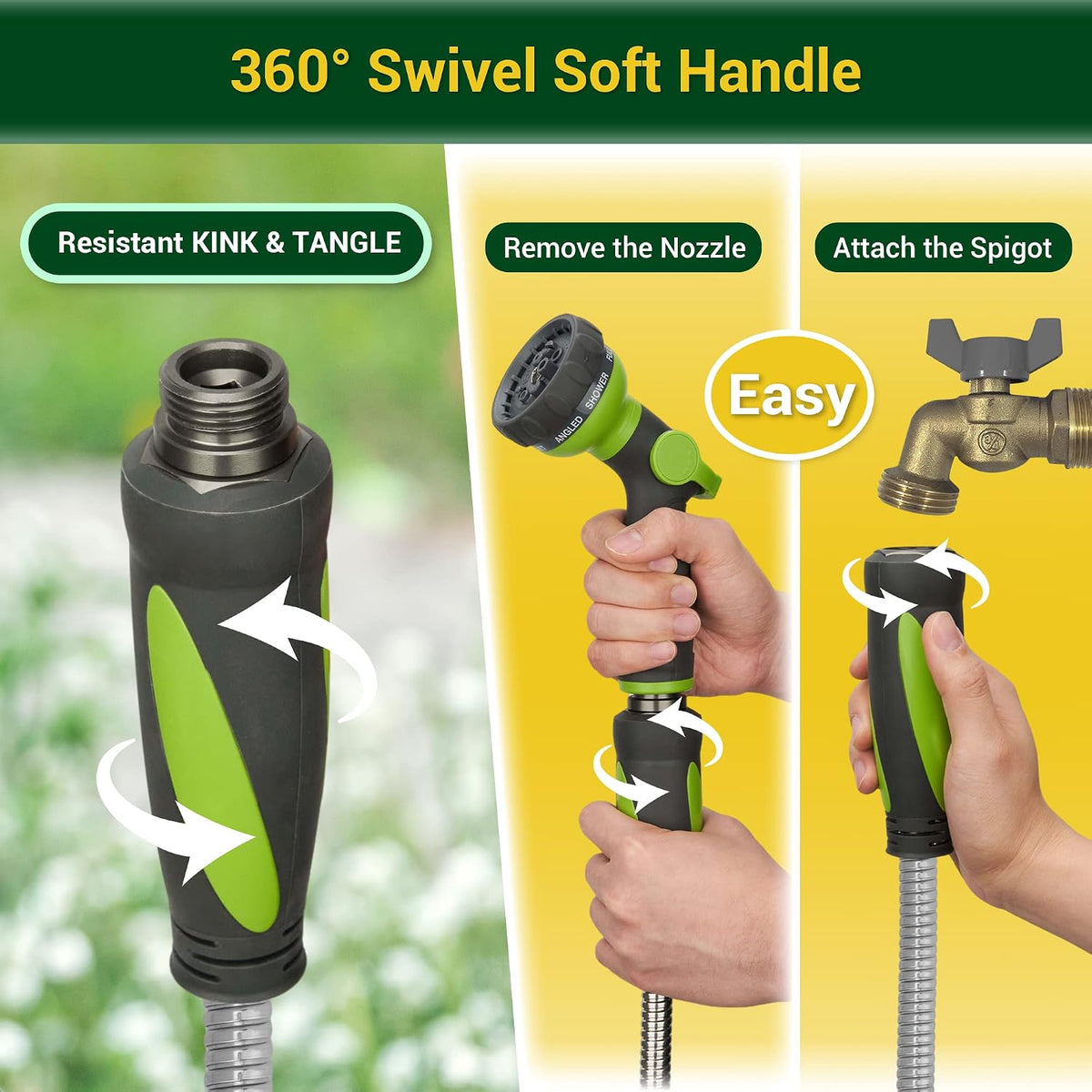 Garden Hose - Water Hose 75 FT with Swivel Handle & 8 Function Nozzle, Flexible, Heavy Duty, No Kink, Lightweight Metal Hose for Outdoor, Yard, 304 Stainless Steel
