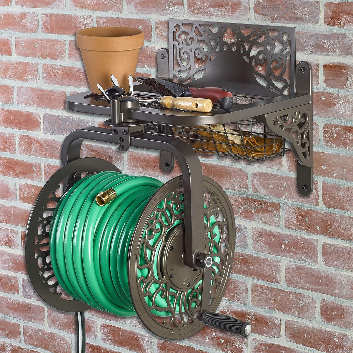 Liberty GARDEN 712 Single Arm Navigator Multi-Directional Garden Hose Reel, Holds 125-Feet of, 5/8-Inch, Bronze