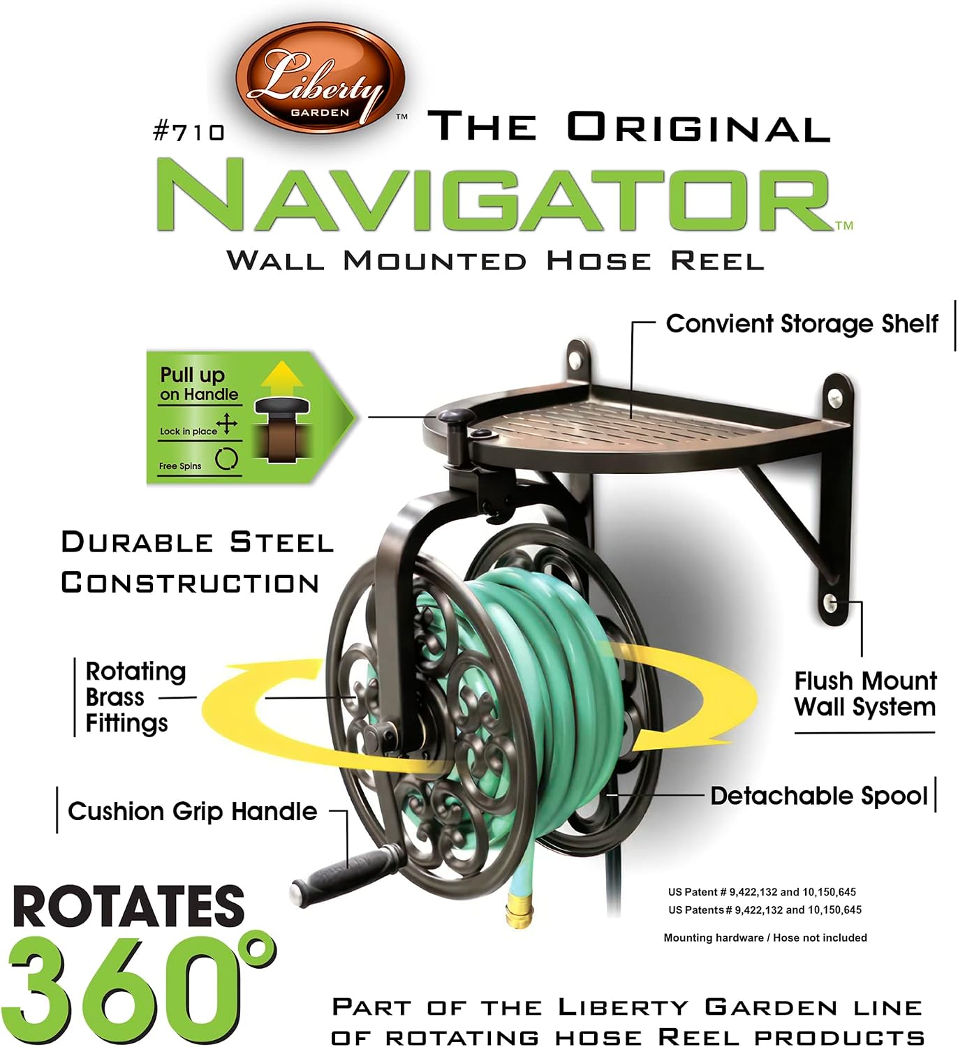 Liberty GARDEN 712 Single Arm Navigator Multi-Directional Garden Hose Reel, Holds 125-Feet of, 5/8-Inch, Bronze