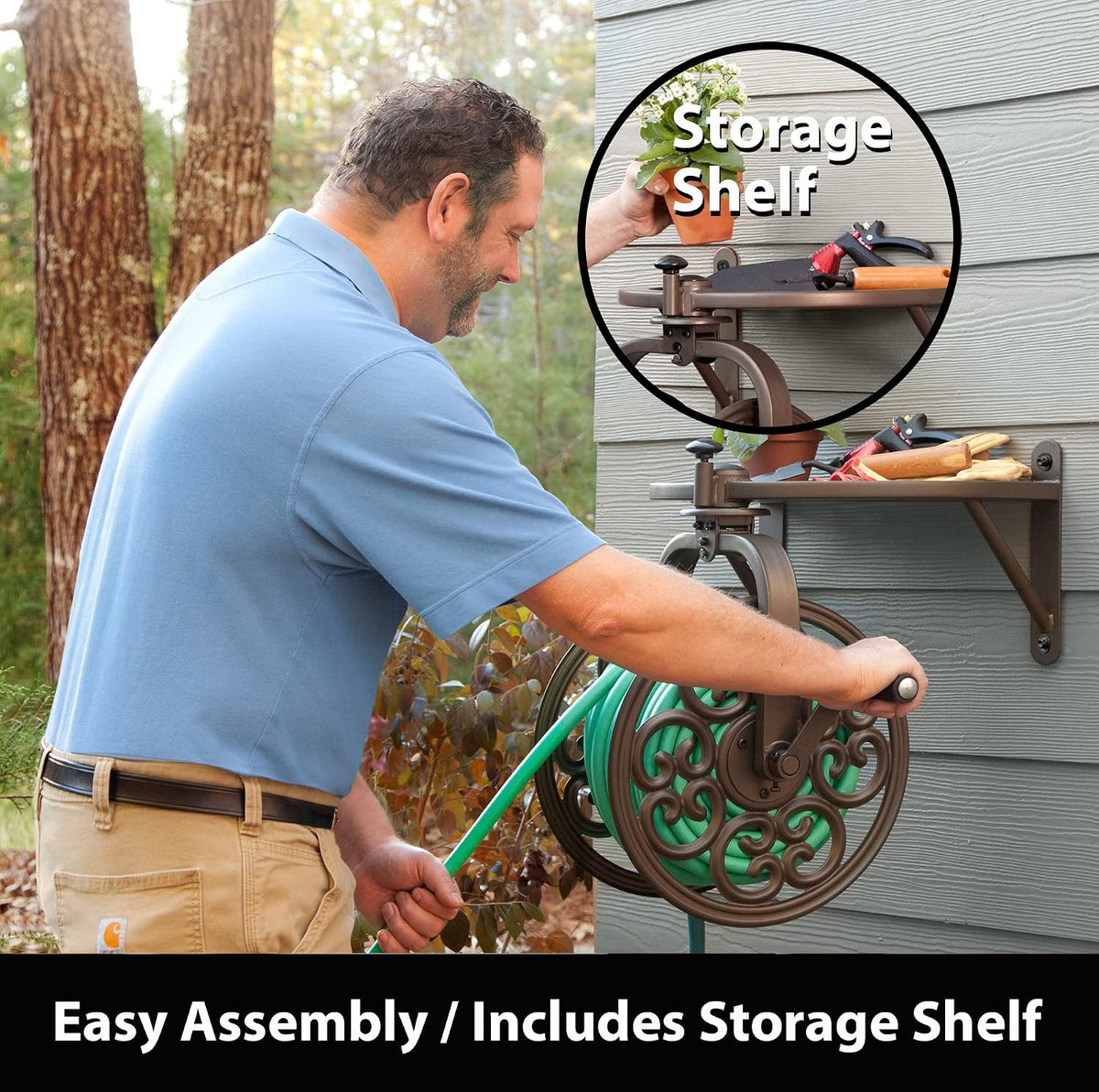 Liberty GARDEN 712 Single Arm Navigator Multi-Directional Garden Hose Reel, Holds 125-Feet of, 5/8-Inch, Bronze