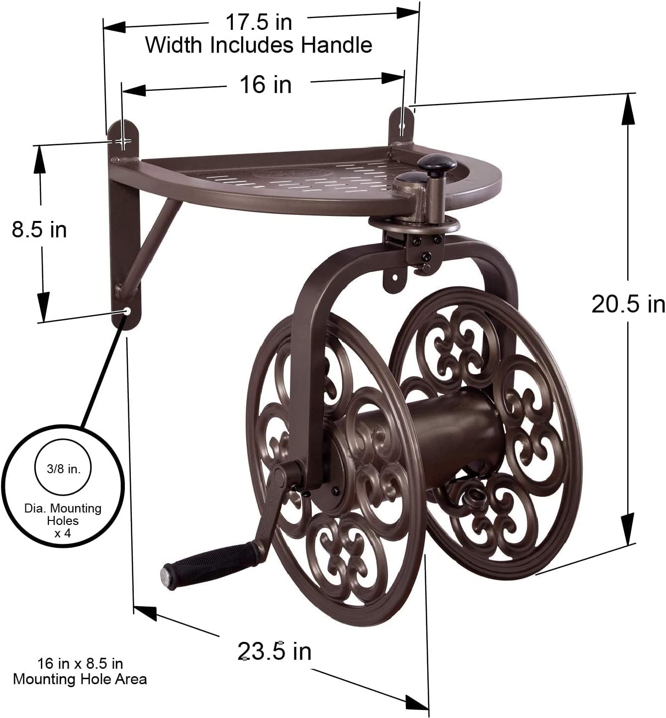 Liberty GARDEN 712 Single Arm Navigator Multi-Directional Garden Hose Reel, Holds 125-Feet of, 5/8-Inch, Bronze