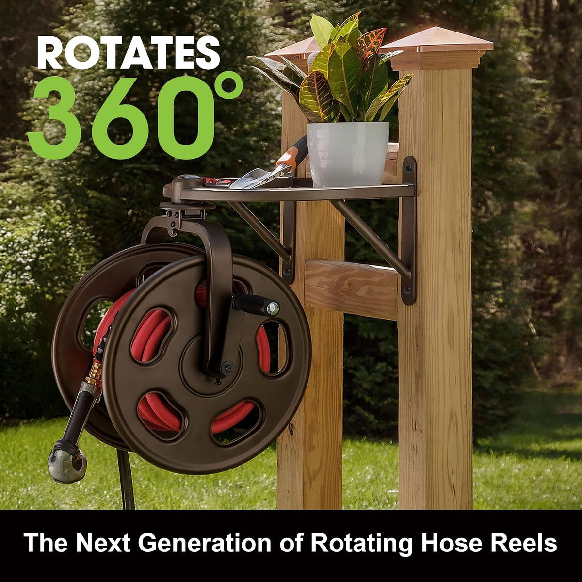 Liberty GARDEN 712 Single Arm Navigator Multi-Directional Garden Hose Reel, Holds 125-Feet of, 5/8-Inch, Bronze