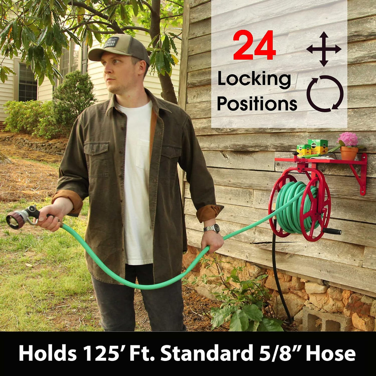 Liberty GARDEN 712 Single Arm Navigator Multi-Directional Garden Hose Reel, Holds 125-Feet of, 5/8-Inch, Bronze