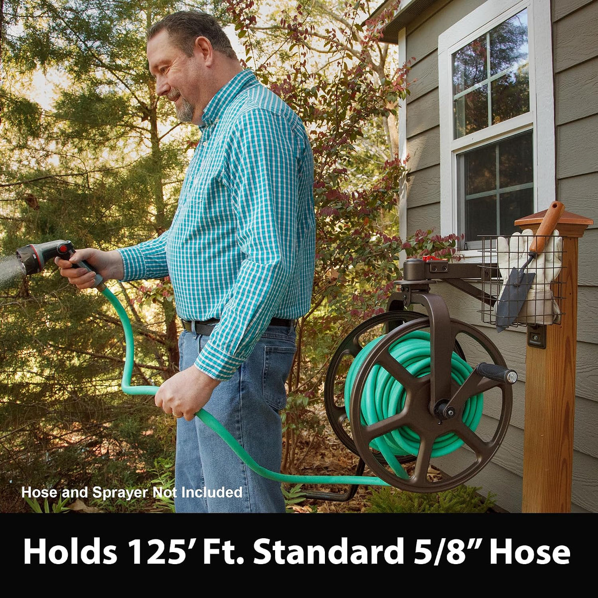 Liberty GARDEN 712 Single Arm Navigator Multi-Directional Garden Hose Reel, Holds 125-Feet of, 5/8-Inch, Bronze
