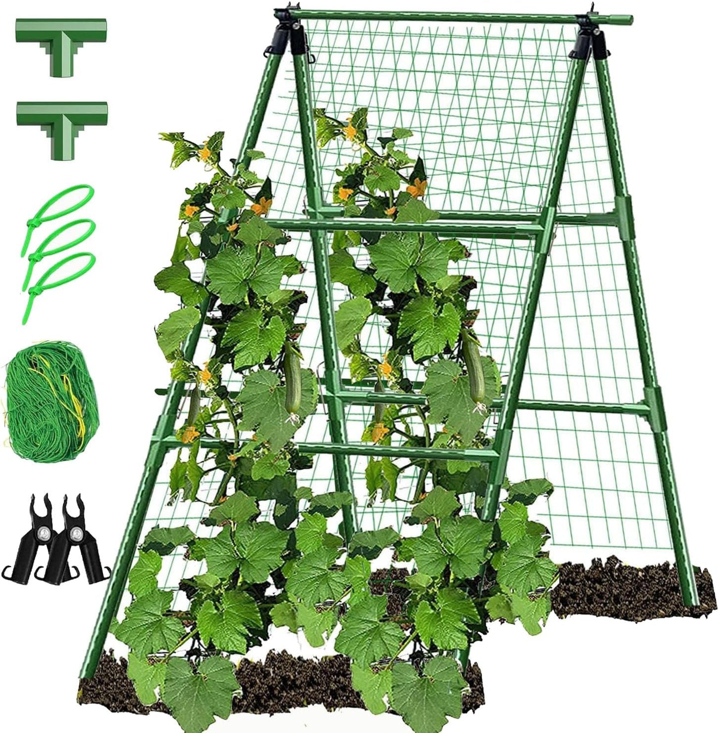 A-Frame Metal Garden Trellis Set for Raised Bed for Climbing Plants Outdoor-Detachable Cucumber Climbing Trellis with Net Clips-Garden for Cucumber Flowers Vegetables