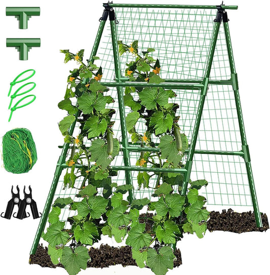 A-Frame Metal Garden Trellis Set for Raised Bed for Climbing Plants Outdoor-Detachable Cucumber Climbing Trellis with Net Clips-Garden for Cucumber Flowers Vegetables