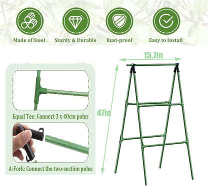 A-Frame Metal Garden Trellis Set for Raised Bed for Climbing Plants Outdoor-Detachable Cucumber Climbing Trellis with Net Clips-Garden for Cucumber Flowers Vegetables