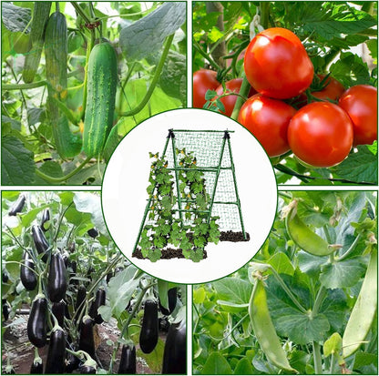 A-Frame Metal Garden Trellis Set for Raised Bed for Climbing Plants Outdoor-Detachable Cucumber Climbing Trellis with Net Clips-Garden for Cucumber Flowers Vegetables