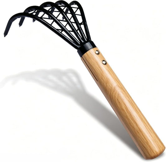 Garden Rake 5-Claw Landscape Dethatcher Thatching Beach Combing Rake for Digging Clam Shell Defoliation Hoe Garden Tool for Loosen The Soil (Brown)