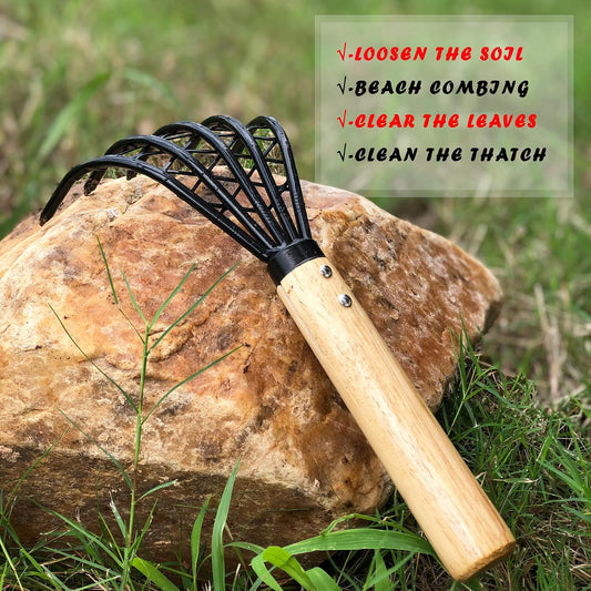 Garden Rake 5-Claw Landscape Dethatcher Thatching Beach Combing Rake for Digging Clam Shell Defoliation Hoe Garden Tool for Loosen The Soil (Brown)
