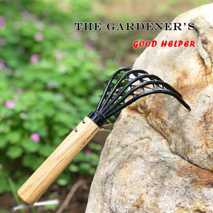 Garden Rake 5-Claw Landscape Dethatcher Thatching Beach Combing Rake for Digging Clam Shell Defoliation Hoe Garden Tool for Loosen The Soil (Brown)