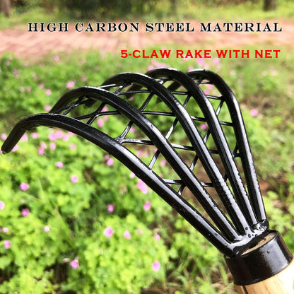 Garden Rake 5-Claw Landscape Dethatcher Thatching Beach Combing Rake for Digging Clam Shell Defoliation Hoe Garden Tool for Loosen The Soil (Brown)
