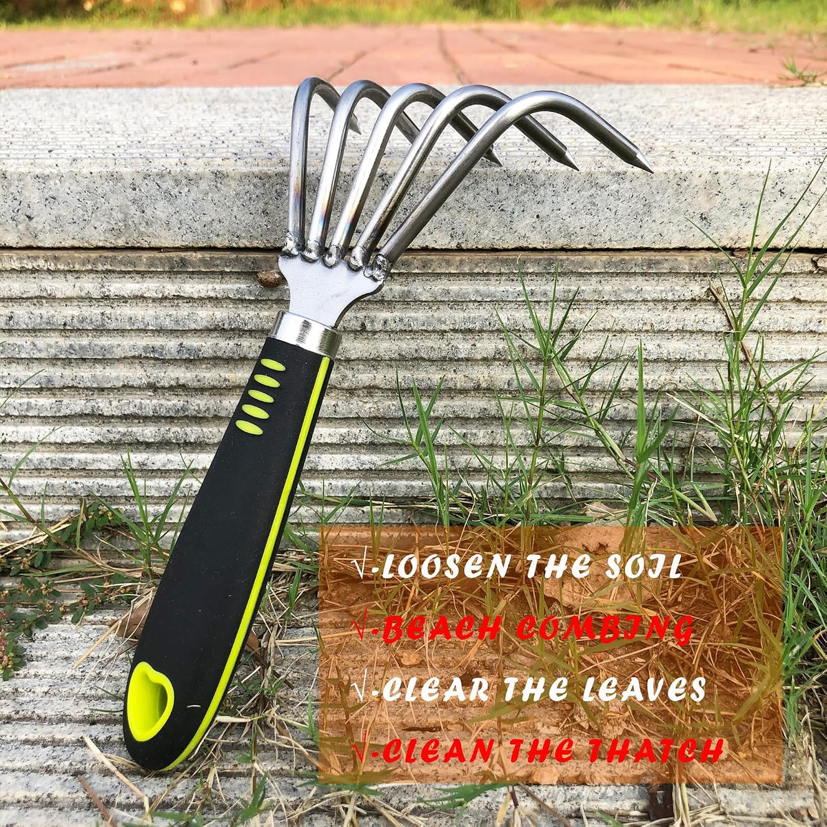Garden Rake 5-Claw Landscape Dethatcher Thatching Beach Combing Rake for Digging Clam Shell Defoliation Hoe Garden Tool for Loosen The Soil (Brown)