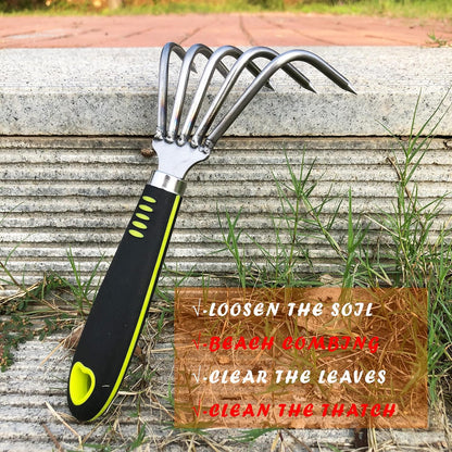 Garden Rake 5-Claw Landscape Dethatcher Thatching Beach Combing Rake for Digging Clam Shell Defoliation Hoe Garden Tool for Loosen The Soil (Brown)