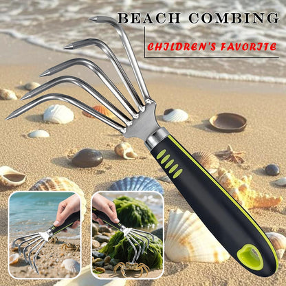 Garden Rake 5-Claw Landscape Dethatcher Thatching Beach Combing Rake for Digging Clam Shell Defoliation Hoe Garden Tool for Loosen The Soil (Brown)