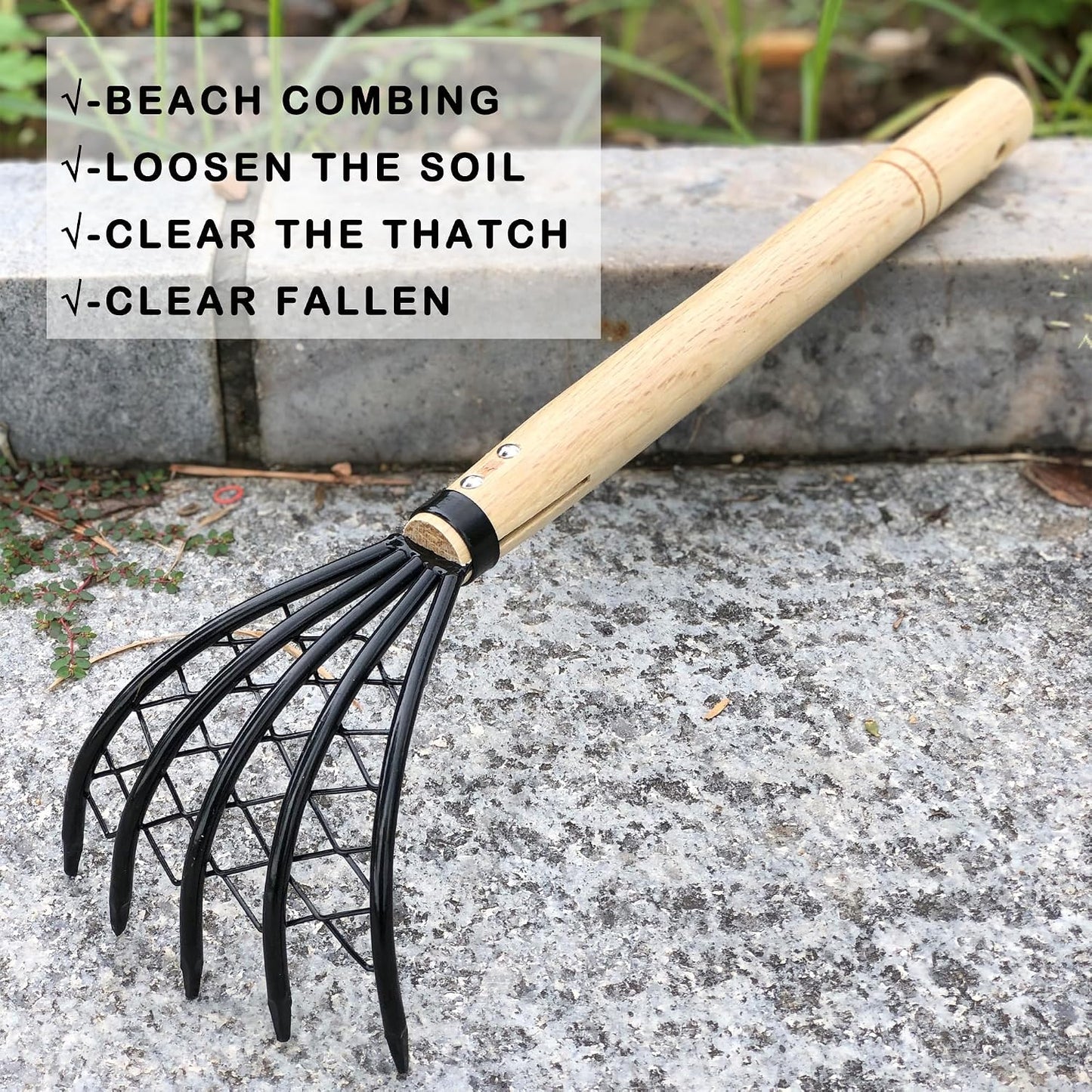 Garden Rake 5-Claw Landscape Dethatcher Thatching Beach Combing Rake for Digging Clam Shell Defoliation Hoe Garden Tool for Loosen The Soil (Brown)