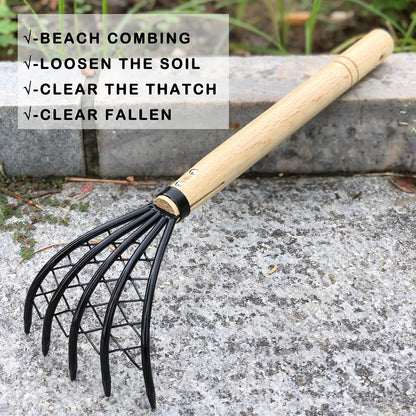 Garden Rake 5-Claw Landscape Dethatcher Thatching Beach Combing Rake for Digging Clam Shell Defoliation Hoe Garden Tool for Loosen The Soil (Brown)