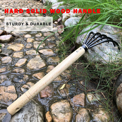 Garden Rake 5-Claw Landscape Dethatcher Thatching Beach Combing Rake for Digging Clam Shell Defoliation Hoe Garden Tool for Loosen The Soil (Brown)