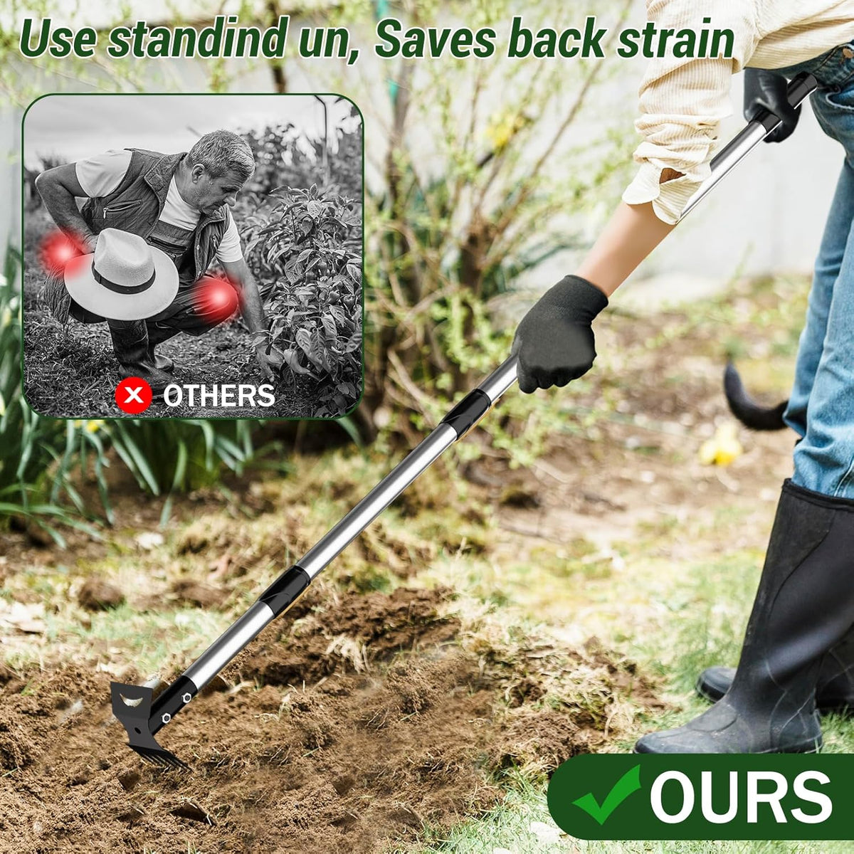 Weed Puller Tool with Long Handle 2-in-1 Garden Hoe and Weed Rake