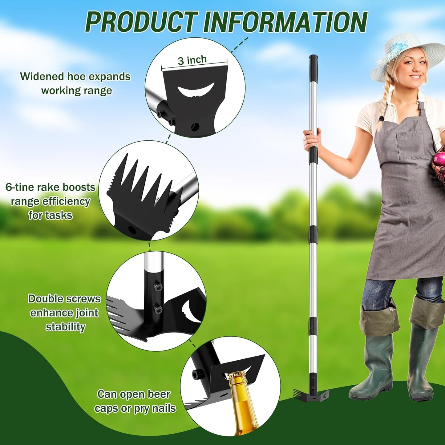 Weed Puller Tool with Long Handle 2-in-1 Garden Hoe and Weed Rake
