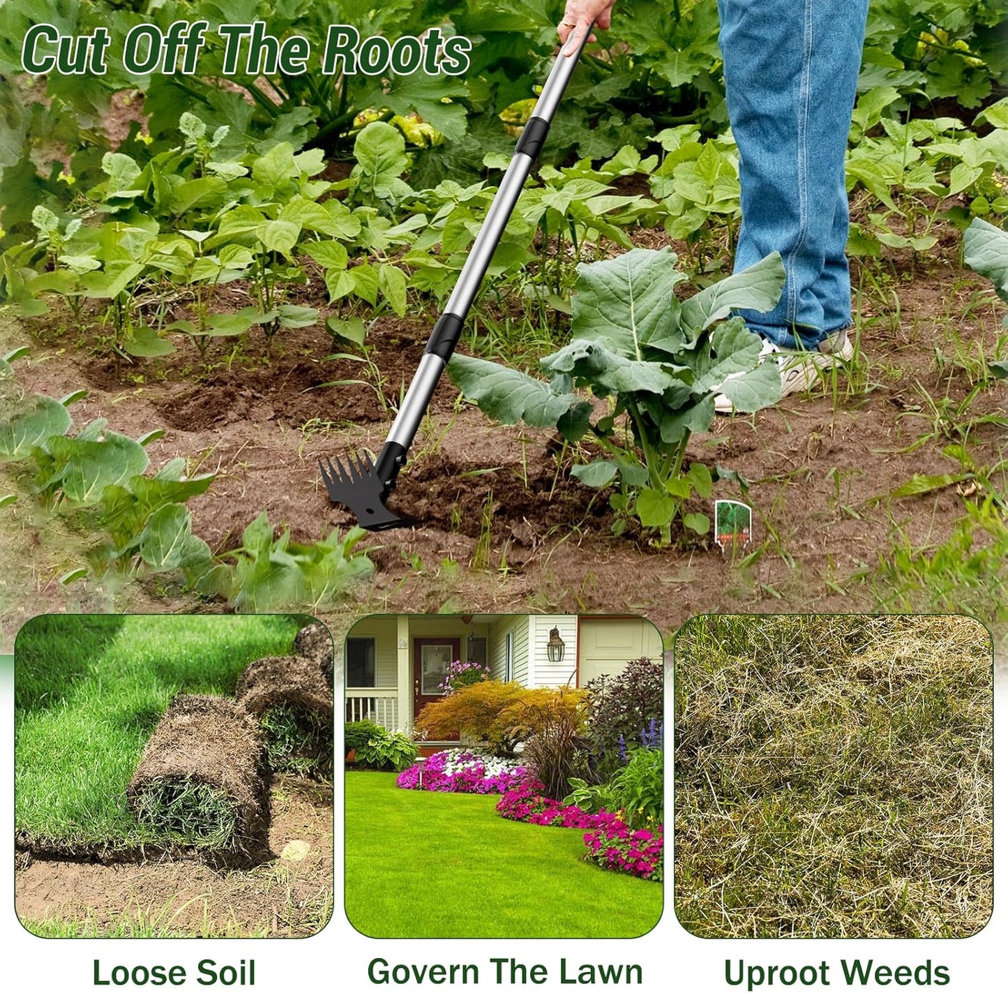 Weed Puller Tool with Long Handle 2-in-1 Garden Hoe and Weed Rake
