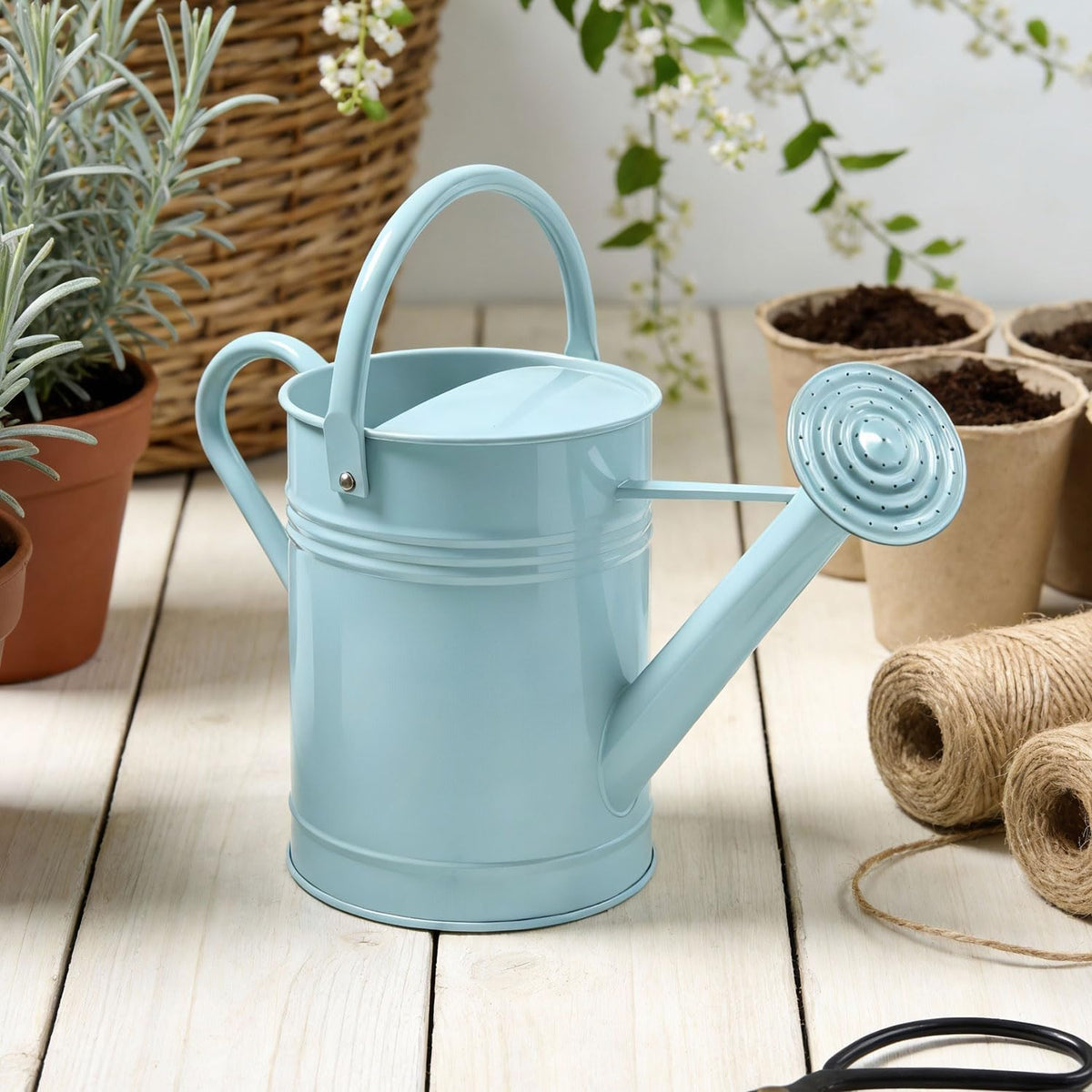 6.5L Blue Metal Watering Can for Outdoor & Indoor Plants, Galvanized Steel Metal Water Can with Removable Spout, Movable Top Handle, Rust-Resistant Watering Pot for Garden, Lawn, Flowers