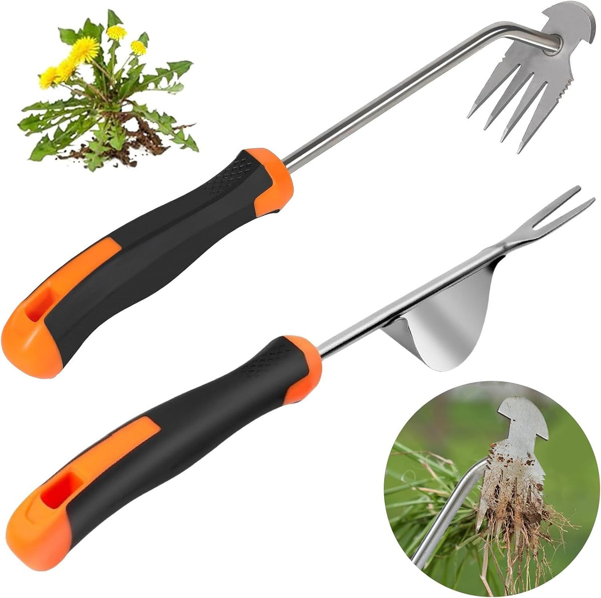 Weed Puller Tool， New Garden Weeder Tool Stainless Steel Hand Weeder Tool,4 Teethes Dual Purpose Weed Remover Tool Weeding Tools for Gardening(2PCS)