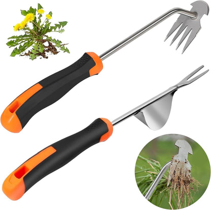 Weed Puller Tool， New Garden Weeder Tool Stainless Steel Hand Weeder Tool,4 Teethes Dual Purpose Weed Remover Tool Weeding Tools for Gardening(2PCS)