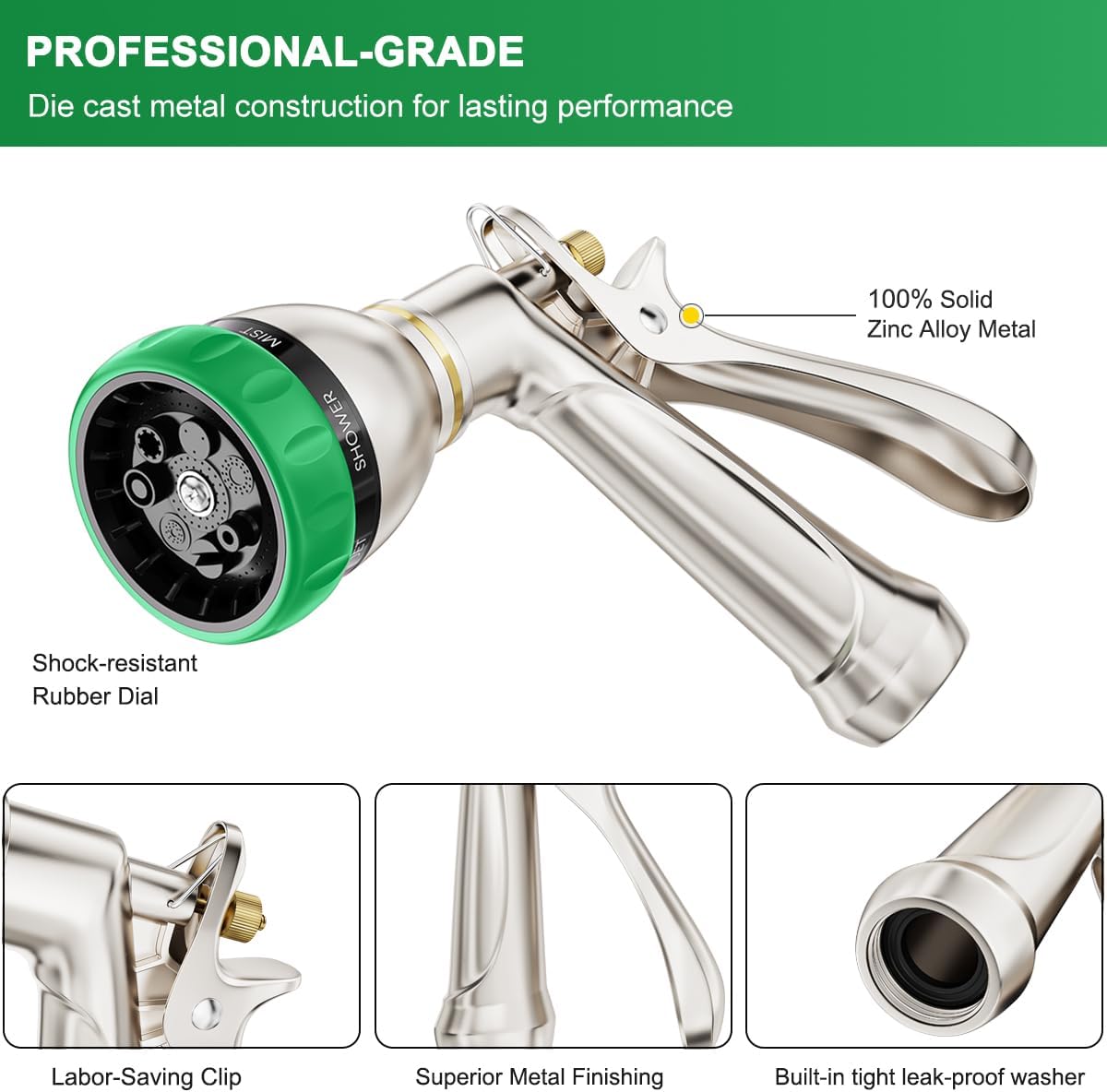 Metal Water Hose Nozzle Heavy Duty, High Pressure, Leak Proof