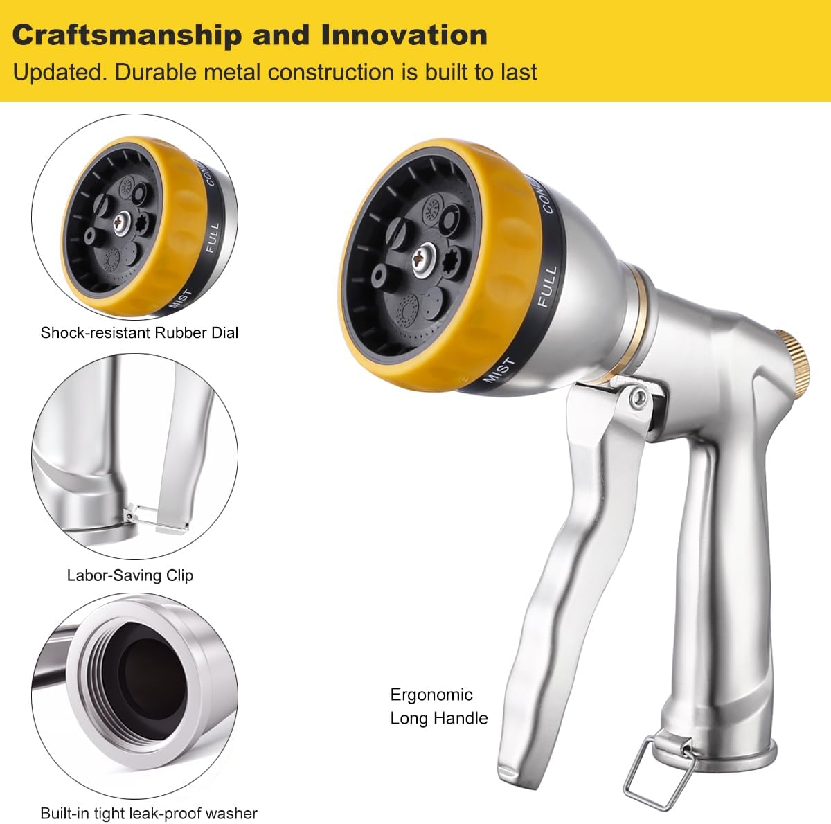Metal Water Hose Nozzle Heavy Duty, High Pressure, Leak Proof