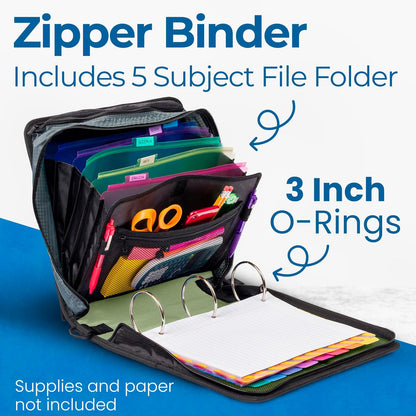School Zipper Binder | 3-Inch O-Rings | 600-Sheet | D-146 Key Lime