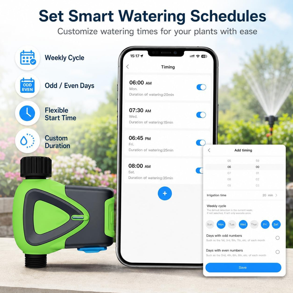 Smart WiFi Hose Timer No Hub Required, App-Controlled Sprinkler Timer for Garden Hose, Automatic Watering Timer for Lawn Yard Greenhouse, Rain Delay, 3/4 Inch Faucet, IP65 Waterproof