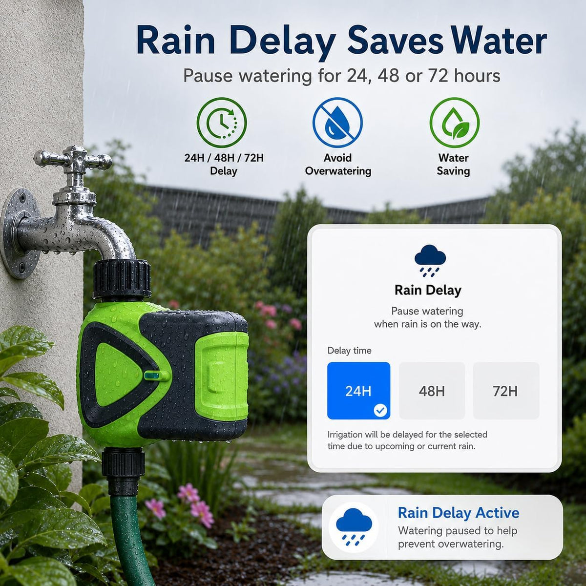 Smart WiFi Hose Timer No Hub Required, App-Controlled Sprinkler Timer for Garden Hose, Automatic Watering Timer for Lawn Yard Greenhouse, Rain Delay, 3/4 Inch Faucet, IP65 Waterproof